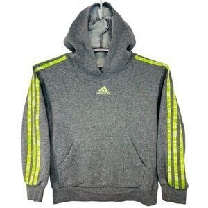 Adidas Regular Fit Boy’s Gray Hooded Sweatshirt with Neon Yellow Stripes Size 8